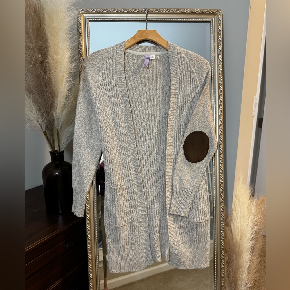 Alya Cream Ribbed Knit Open Cardigan w/ Elbow Patches & Chunky Buttons - Small